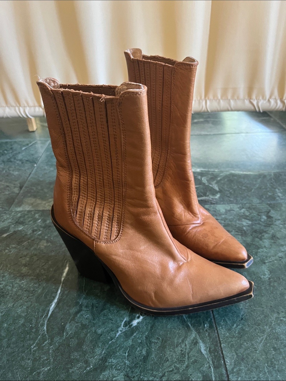 Jeffrey Campbell Tan Leather Pointed Wedge Ankle Boots